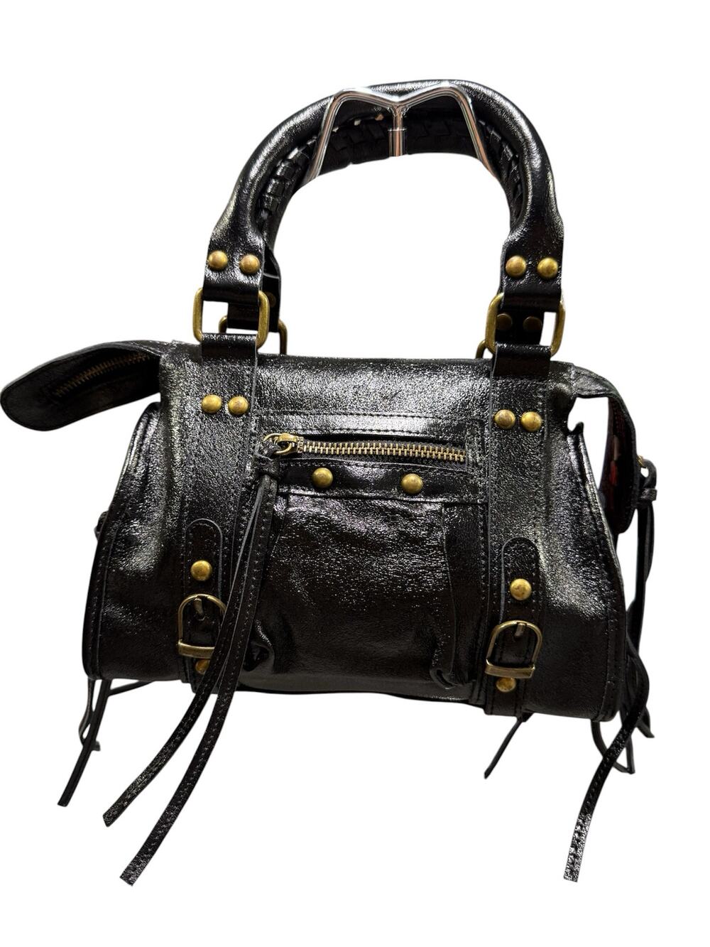 Metallic Black Genuine Leather Crossbody Bag